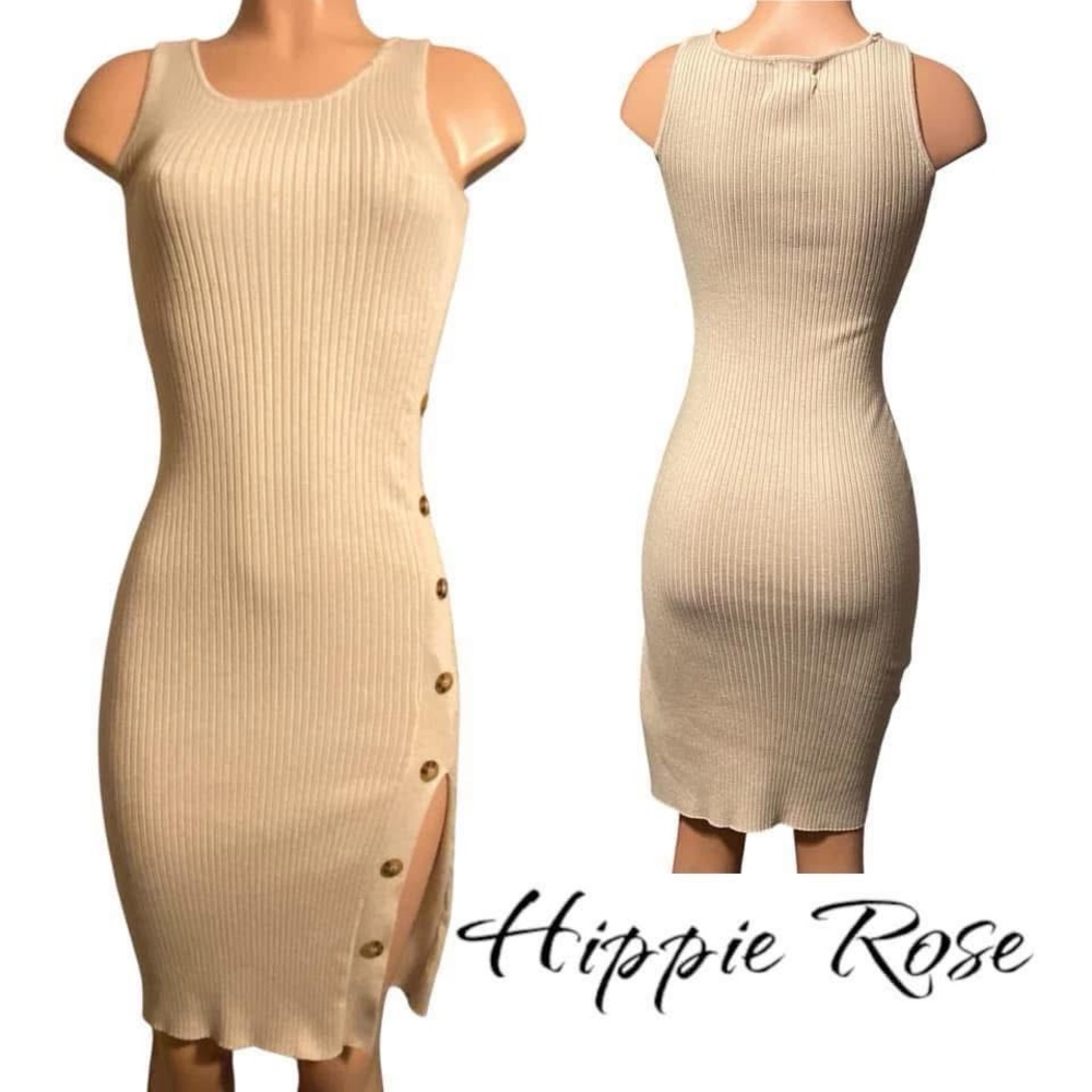 Hippie Rose Tan Ribbed Sheath Midi Dress